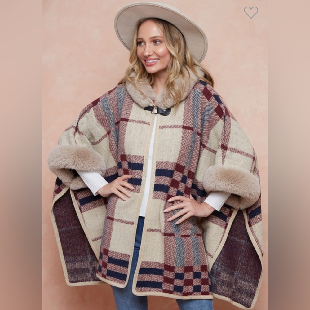 Women’s Plaid Jacquard faux fur hooded cape. Sizes S/M & L/XL